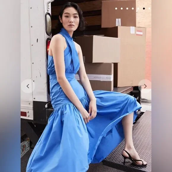 Veronica beard Radley taffeta dress CRISSCROSS neck MAXI blue - Picture 8 of 8